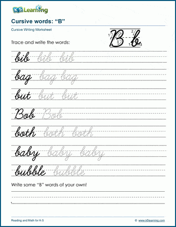 Cursive writing worksheet: pracitice words starting with the letter B