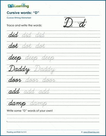 Cursive writing worksheet: pracitice words starting with the letter D