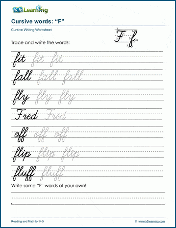 Cursive writing worksheet: pracitice words starting with the letter F