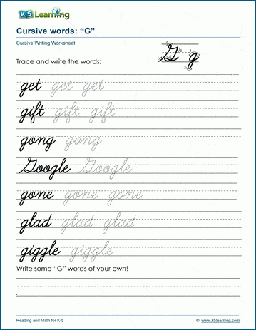 Cursive writing worksheet: pracitice words starting with the letter G