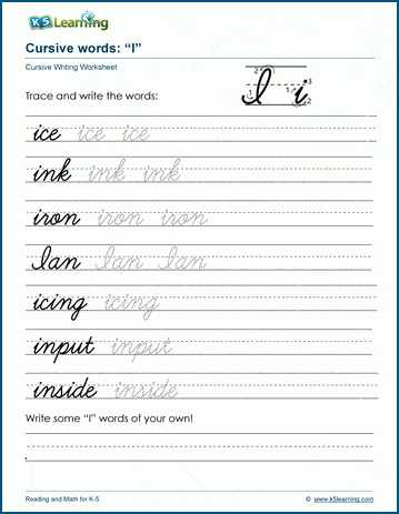 Cursive writing worksheet: pracitice words starting with the letter I
