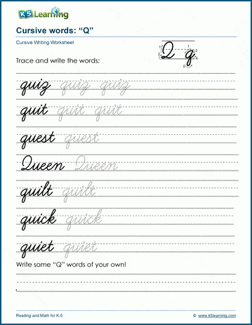 Cursive writing worksheet: pracitice words starting with the letter Q