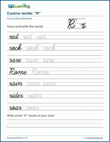 Cursive writing worksheet: pracitice words starting with the letter R