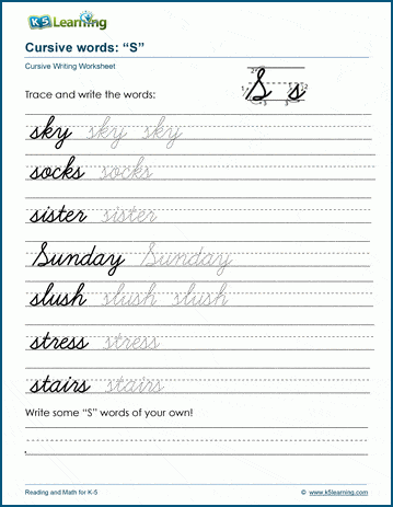 Cursive writing worksheet: pracitice words starting with the letter S