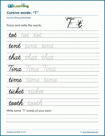 Cursive writing worksheet: pracitice words starting with the letter T