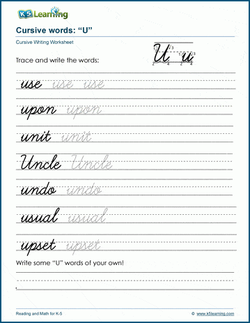 Cursive writing worksheet: pracitice words starting with the letter U