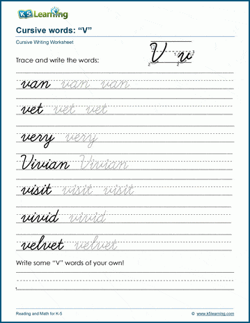 Cursive writing worksheet: pracitice words starting with the letter V