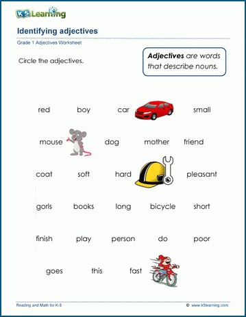 Sample grade 1 adjectives worksheet