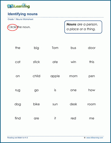 Grade 1 grammar worksheet on identifying nouns