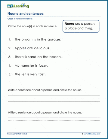 Grade 1 grammar worksheet on nouns and sentences 