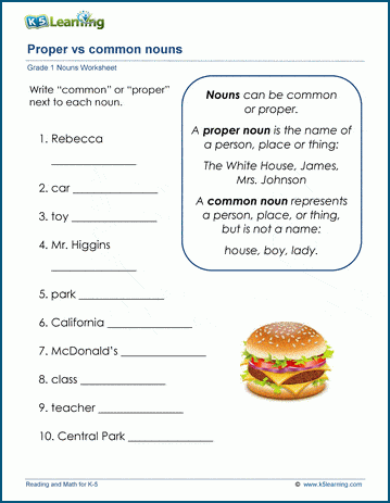 Sample grade 1 nouns worksheet