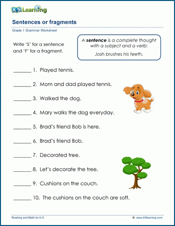 Grade 1 grammar worksheet on sentence fragments