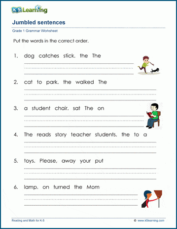 Grade 1 grammar worksheet on jumbled sentences