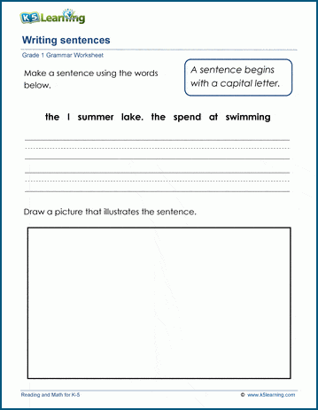 Grade 1 grammar worksheet on writing sentences