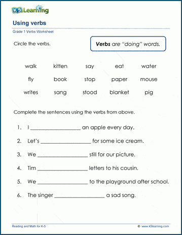 Sample grade 1 verbs worksheet