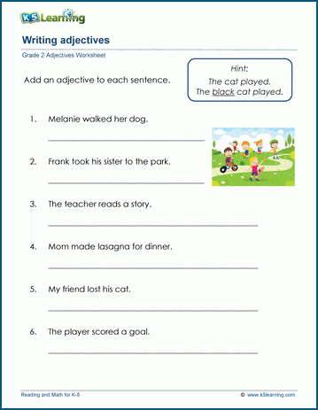 Grade 2 grammar worksheet on writing adjectives
