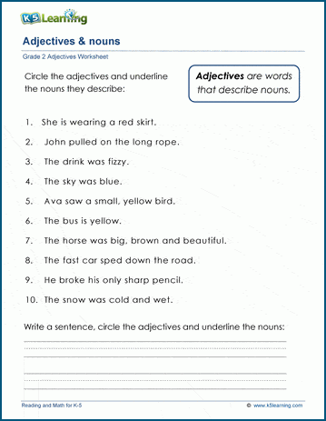 Grade 2 grammar worksheet on identifying adjectives and nouns