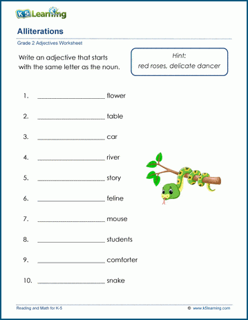 Grade 2 grammar worksheet on adjectives and alliterations