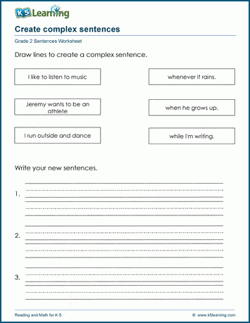 Grade 2 grammar worksheet on complex sentences