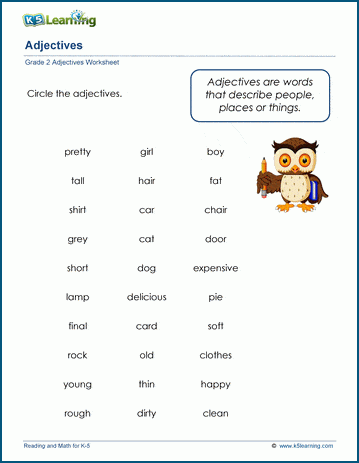 Grade 2 grammar worksheet on identifying adjectives