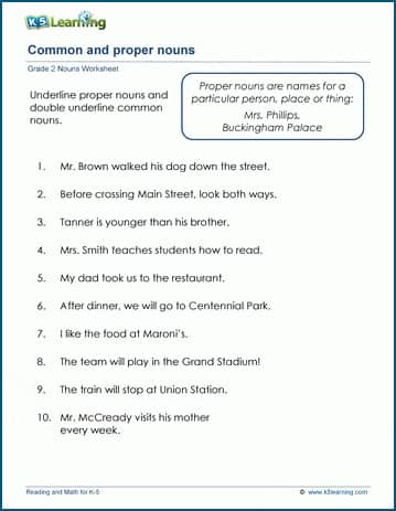 Grade 2 grammar worksheet on common and proper nouns