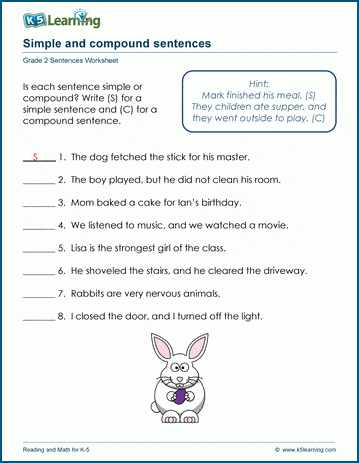 Grade 2 grammar worksheet on simple and compound sentences