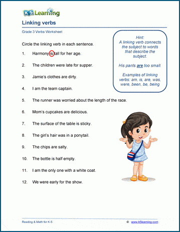 Grade 3 grammar worksheet on linking verbs
