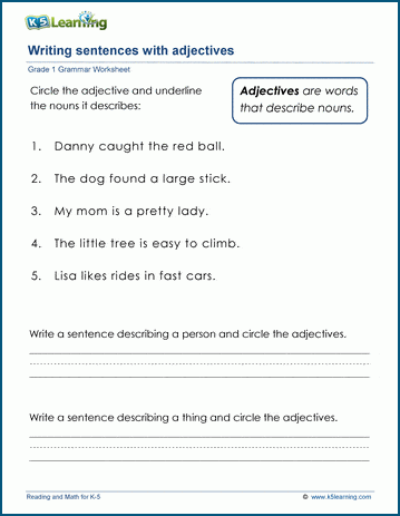 Grade 1 grammar worksheet on writing sentences with adjectives
