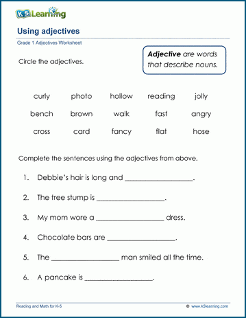 Grade 1 grammar worksheet on using adjectives