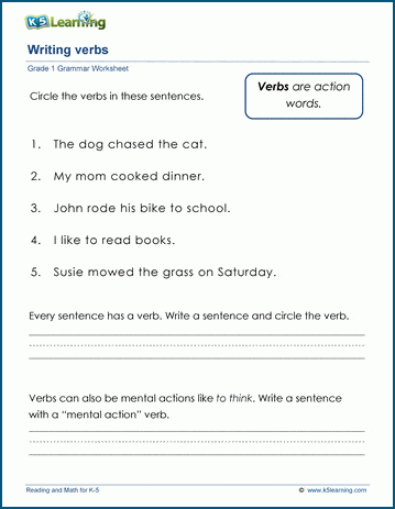 Grade 1 grammar worksheet on writing verbs
