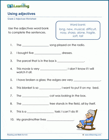 Grade 2 grammar worksheet on using adjectives