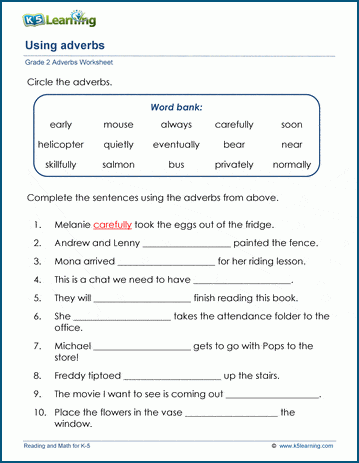 Grade 2 grammar worksheet on using adverbs in sentences