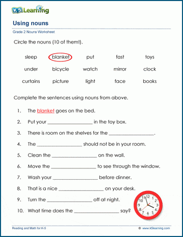 Grade 2 grammar worksheet on using nouns