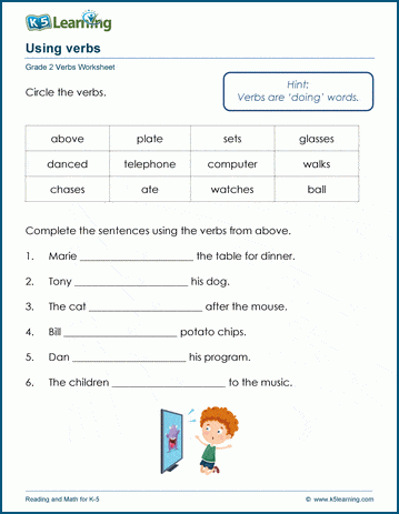 Grade 2 grammar worksheet on using verbs