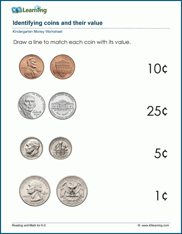 Match coins to their values money worksheet