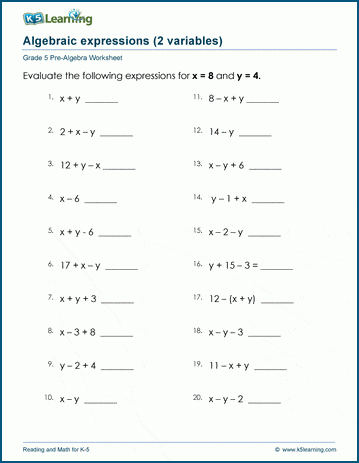 Algebraic expressions with 2 variables worksheet