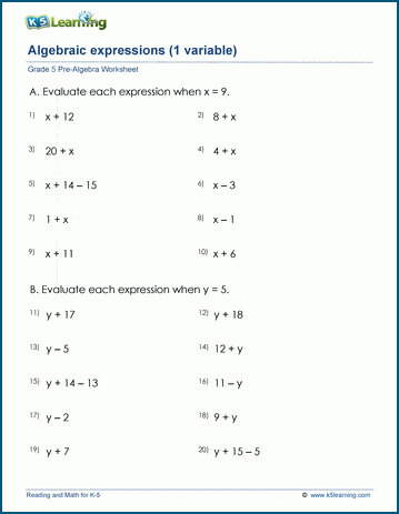 Algebraic expressions with 1 variable worksheet