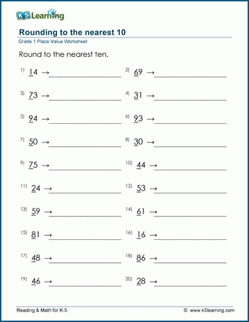 Grade 1 Place Value Worksheet on rounding to the nearest 10