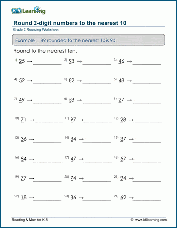 Grade 2 Place Value Worksheet on rounding 2-digit numbers to the nearest 10