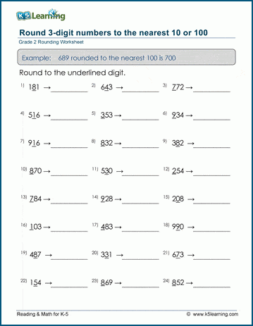 Grade 2 Place Value Worksheet on rounding 3-digit numbers to the nearest 10 or 100