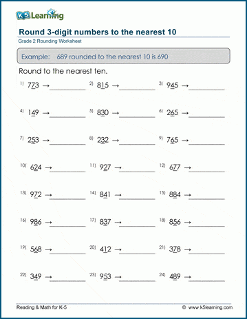 Grade 2 Place Value Worksheet on rounding 3-digit numbers to the nearest 10