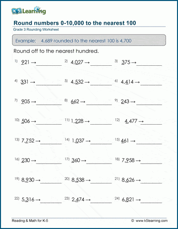 Grade 3 Place value Worksheet round 4-digit numbers to the nearest 100