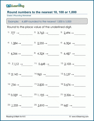 Grade 3 Place value Worksheet round numbers to the nearest 10, 100 or 1000