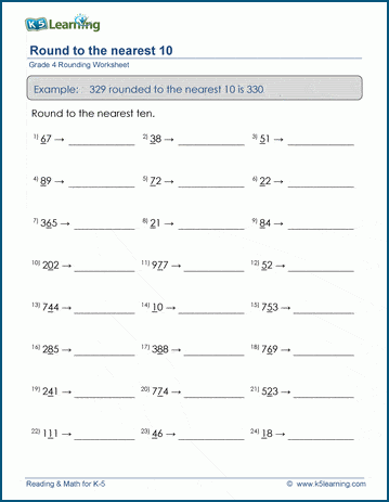 Grade 4 place value & rounding Worksheet round 3-digit numbers to the nearest 10