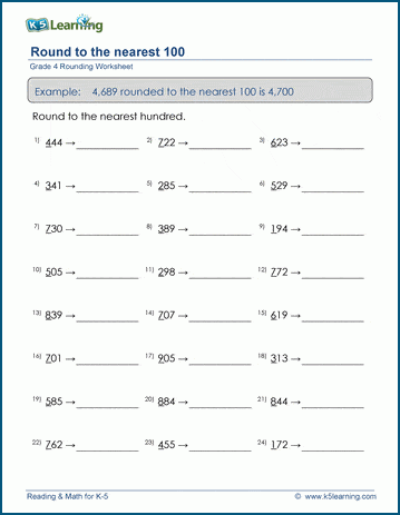 Grade 4 place value & rounding Worksheet round 4-digit numbers to the nearest 100