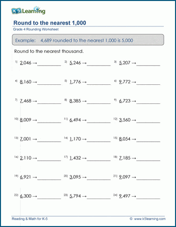 Grade 4 place value & rounding Worksheet round 4-digit numbers to the nearest 1,000
