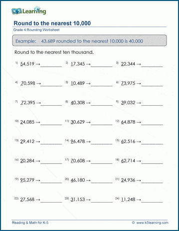 Grade 4 place value & rounding Worksheet rounding 5-digit numbers to the nearest 10000