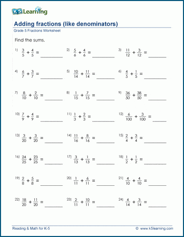 Grade 5 Fractions Worksheet adding fractions
