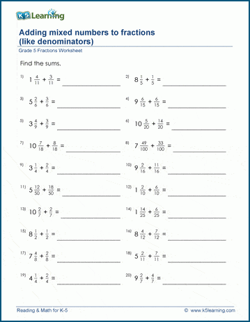 Grade 5 Fractions Worksheet adding mixed numbers to fractions