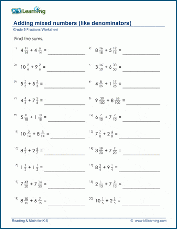 Grade 5 Fractions Worksheet adding mixed numbers